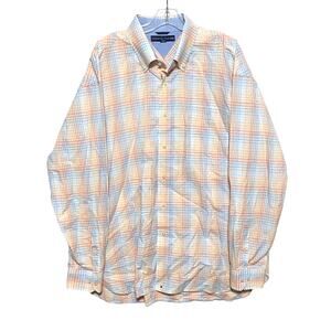 Tommy Hilfiger Button Shirt Colorful Red Orange Blue Checks Stripes Mens XL